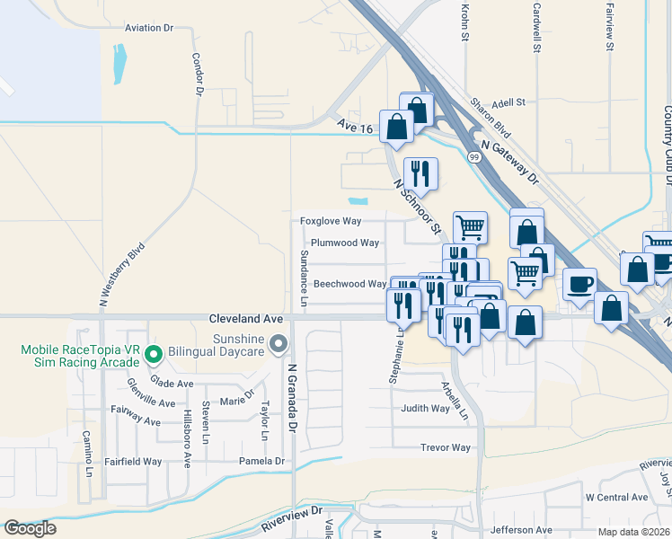 map of restaurants, bars, coffee shops, grocery stores, and more near 2518 Grapewood Way in Madera
