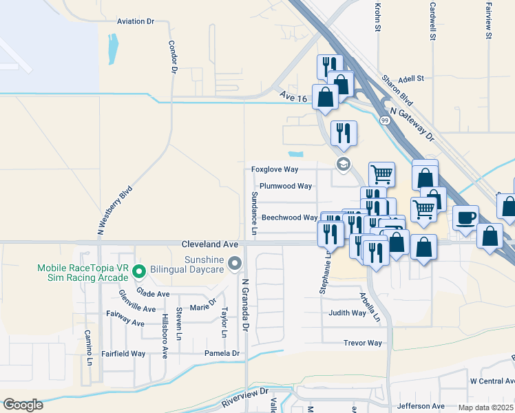 map of restaurants, bars, coffee shops, grocery stores, and more near 2540 Grapewood Way in Madera