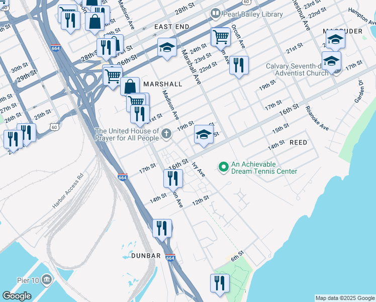 map of restaurants, bars, coffee shops, grocery stores, and more near 1610 Ivy Avenue in Newport News