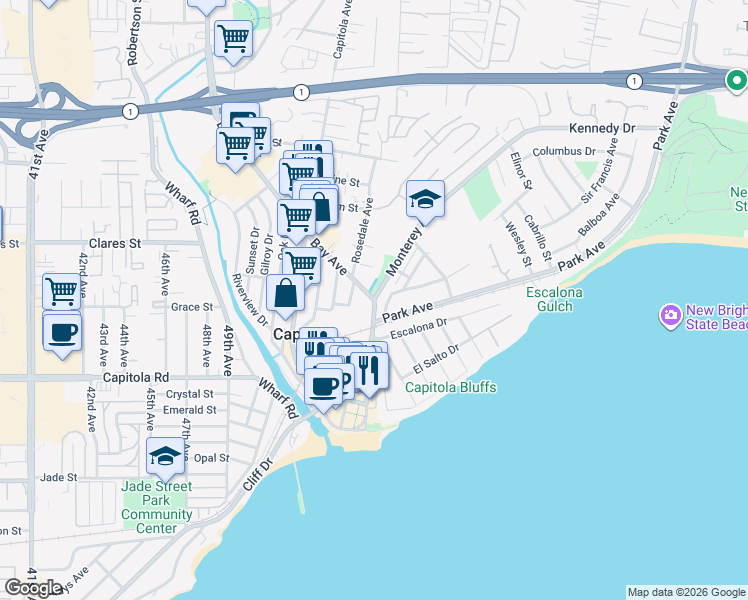 map of restaurants, bars, coffee shops, grocery stores, and more near 324 Monterey Avenue in Capitola