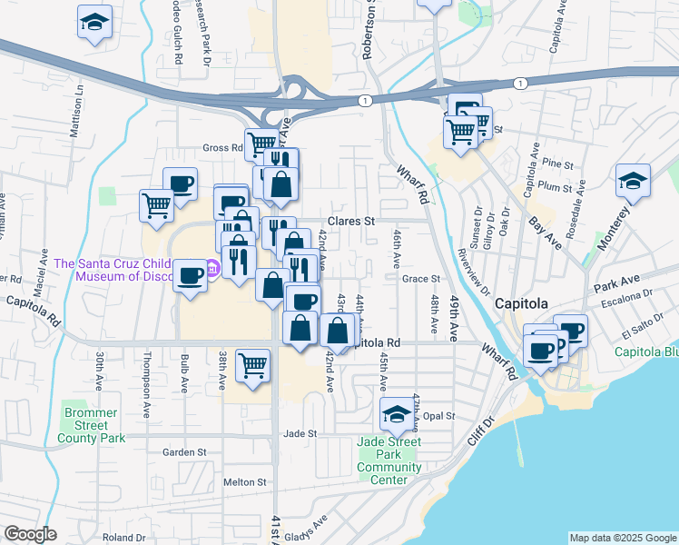map of restaurants, bars, coffee shops, grocery stores, and more near 4235 Grace Street in Capitola