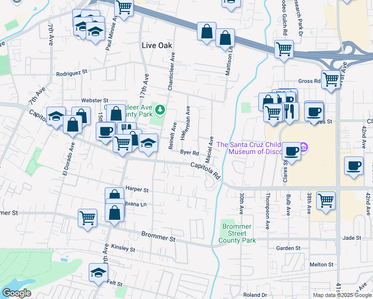 map of restaurants, bars, coffee shops, grocery stores, and more near 1785 Halterman Avenue in Santa Cruz
