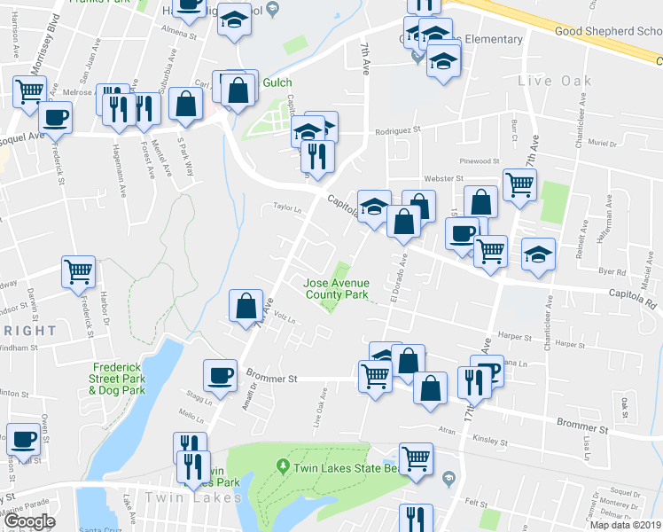 map of restaurants, bars, coffee shops, grocery stores, and more near 122 Harbor Oaks Circle in Santa Cruz