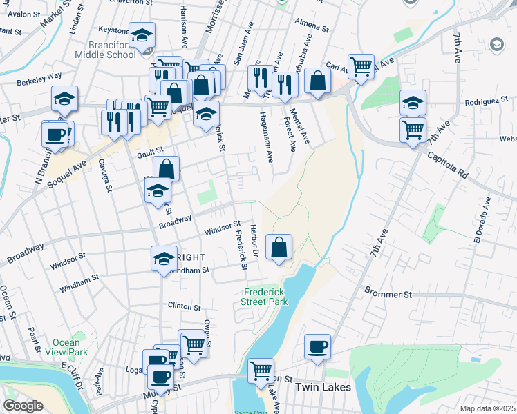 map of restaurants, bars, coffee shops, grocery stores, and more near 417 Harbor Drive in Santa Cruz
