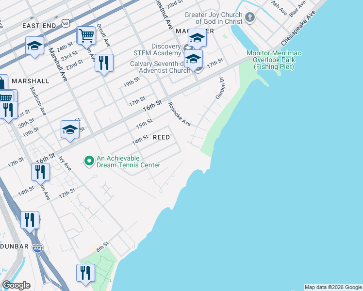 map of restaurants, bars, coffee shops, grocery stores, and more near 1112 Orcutt Avenue in Newport News