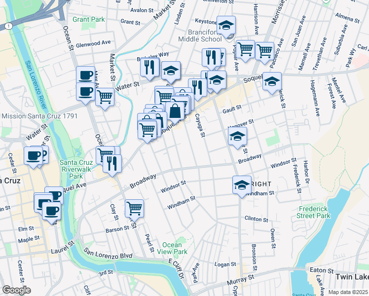 map of restaurants, bars, coffee shops, grocery stores, and more near 343 Pennsylvania Avenue in Santa Cruz