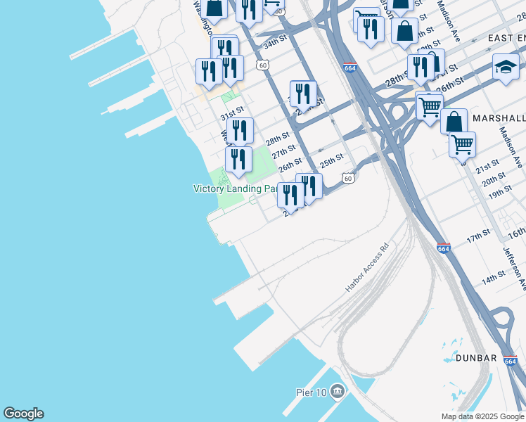 map of restaurants, bars, coffee shops, grocery stores, and more near 100 24th Street in Newport News