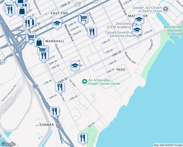 map of restaurants, bars, coffee shops, grocery stores, and more near 1408 Marshall Avenue in Newport News