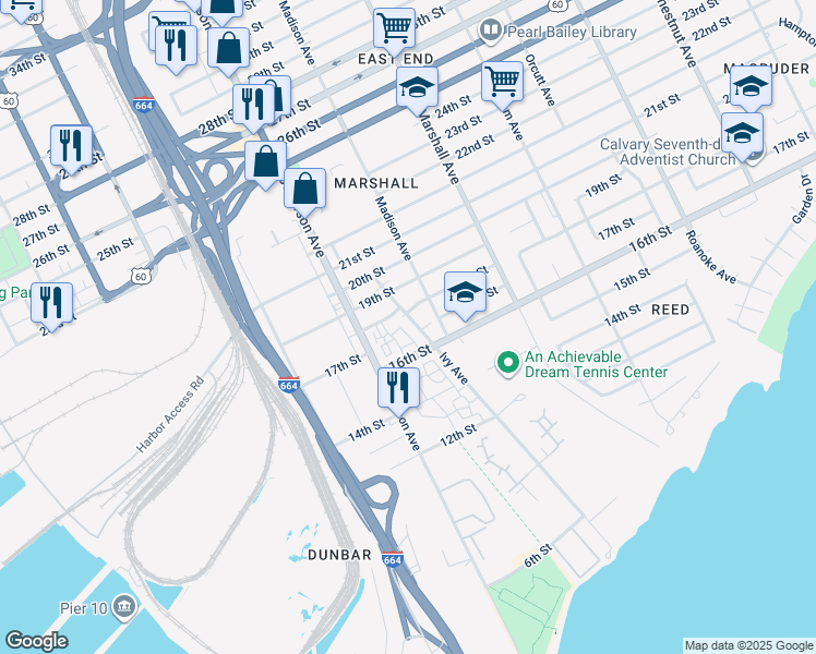 map of restaurants, bars, coffee shops, grocery stores, and more near 1705 Ivy Avenue in Newport News