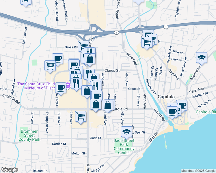 map of restaurants, bars, coffee shops, grocery stores, and more near 4235 Grace Street in Capitola