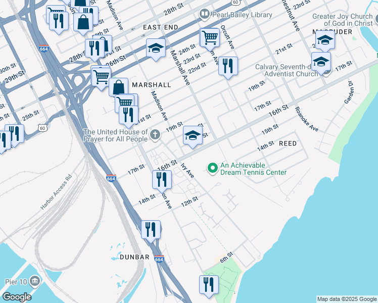 map of restaurants, bars, coffee shops, grocery stores, and more near 707 16th Street in Newport News