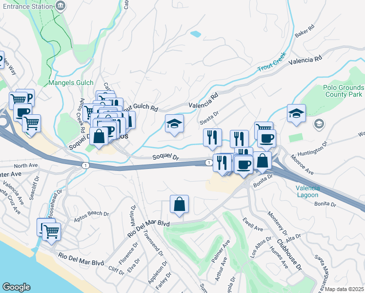 map of restaurants, bars, coffee shops, grocery stores, and more near 250 Aptos School Road in Aptos