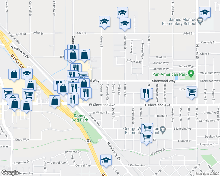 map of restaurants, bars, coffee shops, grocery stores, and more near 1213 Toronado Dr in Madera