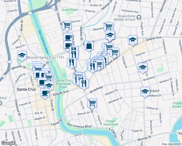 map of restaurants, bars, coffee shops, grocery stores, and more near 555 Soquel Avenue in Santa Cruz