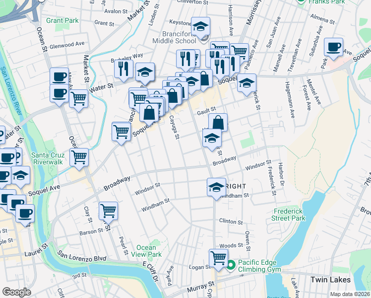 map of restaurants, bars, coffee shops, grocery stores, and more near 119 Effey Street in Santa Cruz