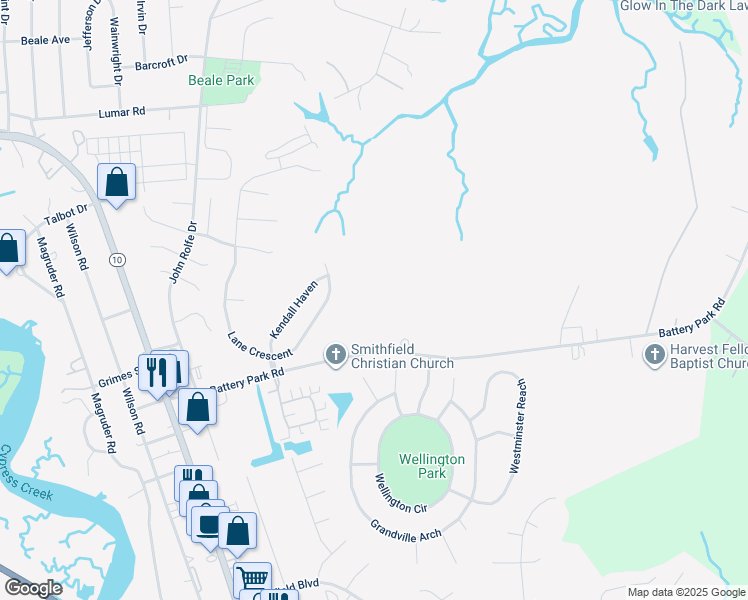 map of restaurants, bars, coffee shops, grocery stores, and more near 216 Main Street in Smithfield
