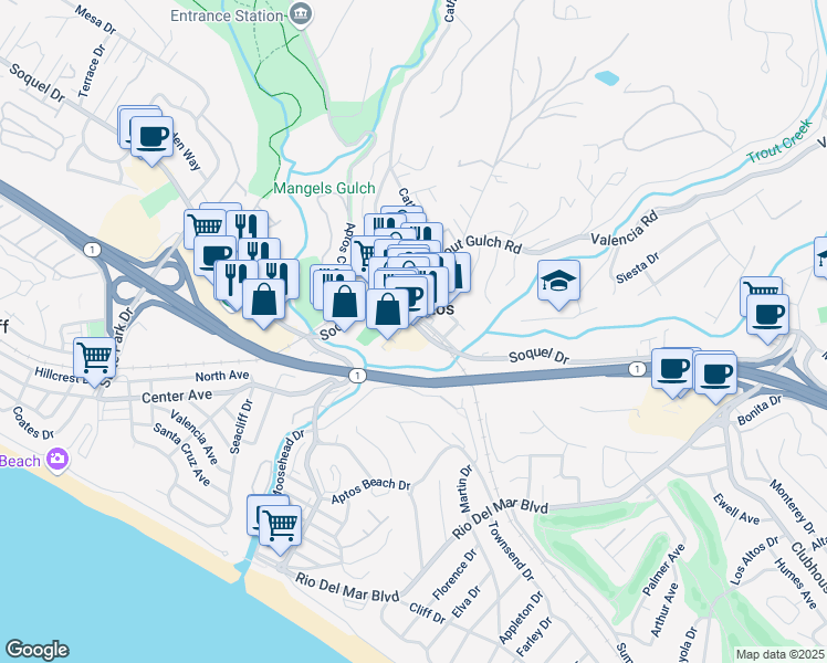 map of restaurants, bars, coffee shops, grocery stores, and more near 8042 Soquel Drive in Aptos