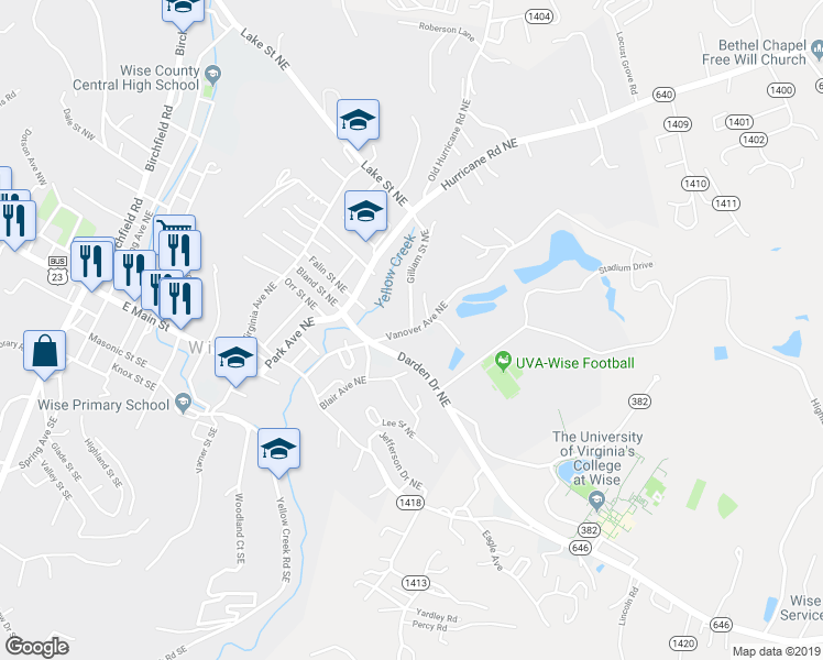 map of restaurants, bars, coffee shops, grocery stores, and more near 799 Gilliam Street Northeast in Wise