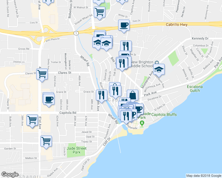 map of restaurants, bars, coffee shops, grocery stores, and more near 517 Oak Drive in Capitola
