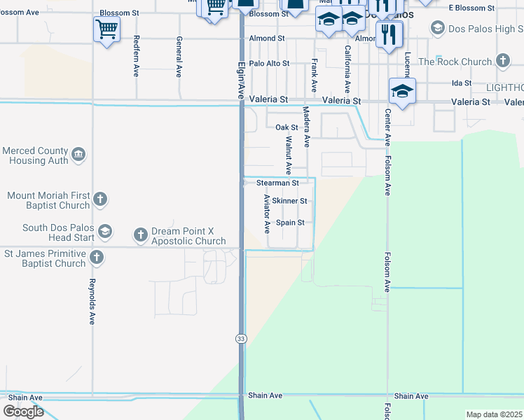 map of restaurants, bars, coffee shops, grocery stores, and more near 2130 Aviator Avenue in Dos Palos