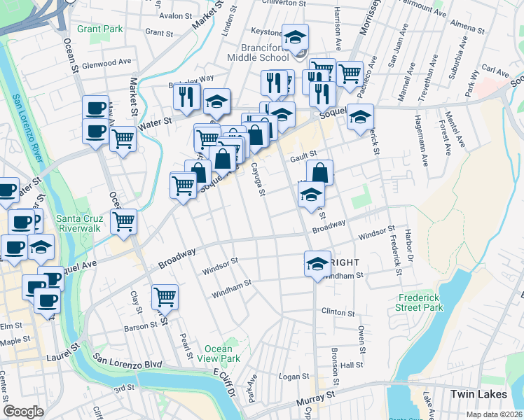 map of restaurants, bars, coffee shops, grocery stores, and more near 915 Cayuga St in Santa Cruz