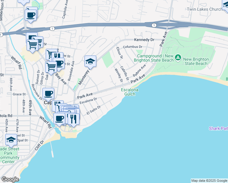 map of restaurants, bars, coffee shops, grocery stores, and more near 714 Escalona Drive in Capitola