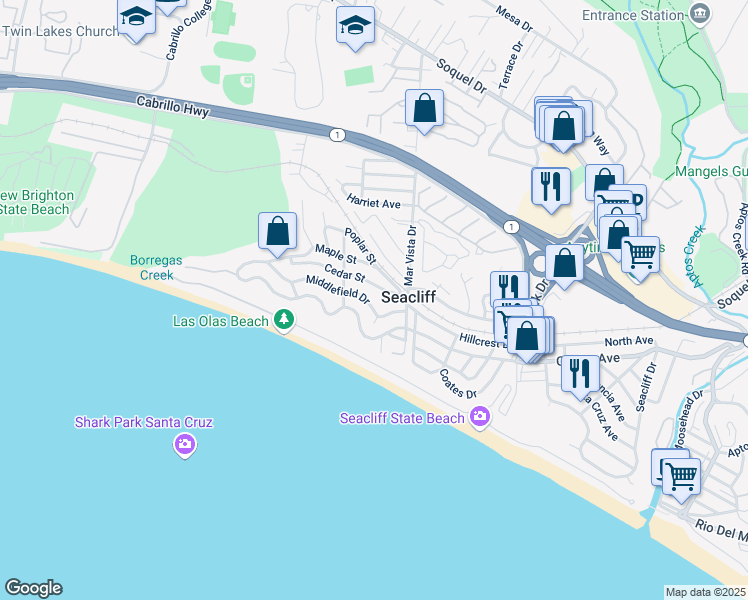 map of restaurants, bars, coffee shops, grocery stores, and more near 522 Middlefield Dr in Aptos