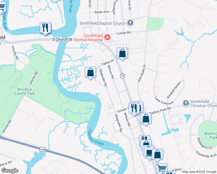 map of restaurants, bars, coffee shops, grocery stores, and more near 917 Magruder Road in Smithfield