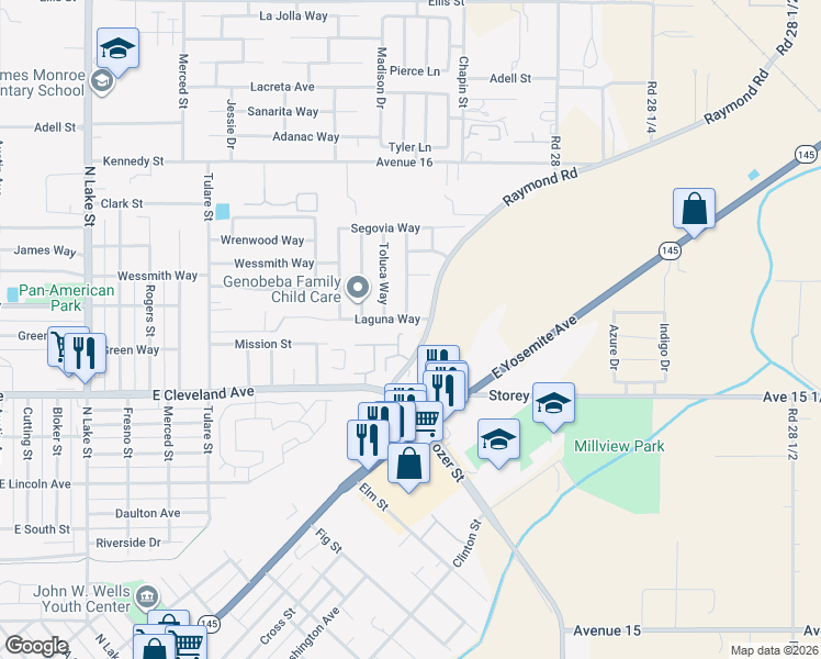 map of restaurants, bars, coffee shops, grocery stores, and more near 1348 Laguna Way in Madera