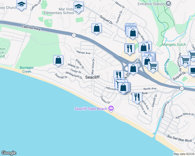 map of restaurants, bars, coffee shops, grocery stores, and more near 358 Sea Ridge Road in Aptos