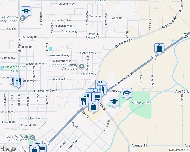 map of restaurants, bars, coffee shops, grocery stores, and more near 1358 Laguna Way in Madera