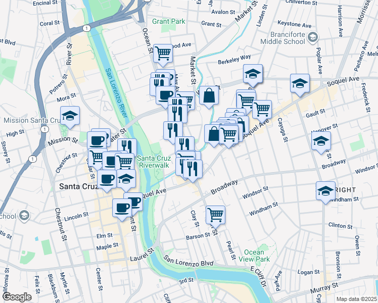 map of restaurants, bars, coffee shops, grocery stores, and more near 216 Dakota Avenue in Santa Cruz