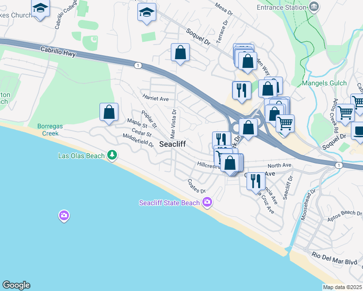map of restaurants, bars, coffee shops, grocery stores, and more near 358 Sea Ridge Road in Aptos