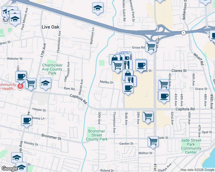 map of restaurants, bars, coffee shops, grocery stores, and more near 3283 Axford Road in Santa Cruz