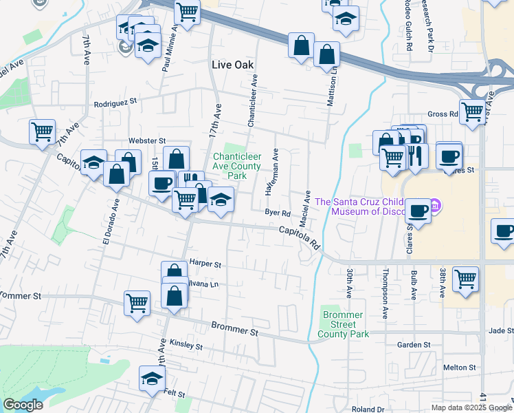 map of restaurants, bars, coffee shops, grocery stores, and more near 1785 Halterman Avenue in Santa Cruz