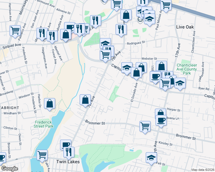 map of restaurants, bars, coffee shops, grocery stores, and more near 122 Harbor Oaks Circle in Santa Cruz