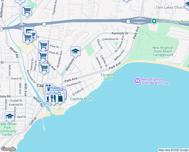 map of restaurants, bars, coffee shops, grocery stores, and more near 714 Escalona Drive in Capitola
