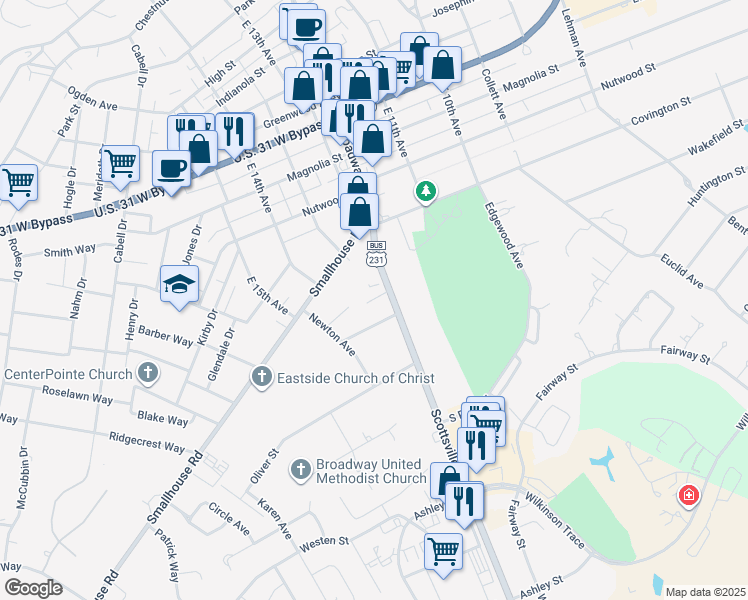map of restaurants, bars, coffee shops, grocery stores, and more near 1329 Scottsville Road in Bowling Green
