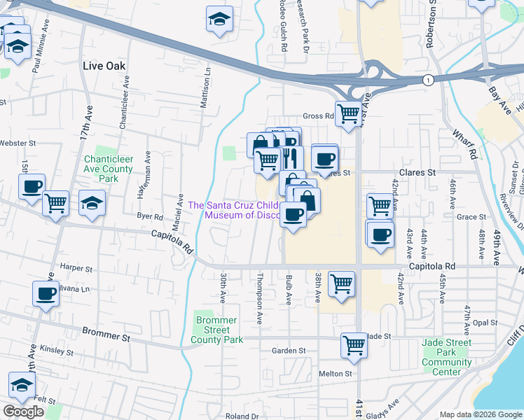 map of restaurants, bars, coffee shops, grocery stores, and more near 1916 Lotman Drive in Santa Cruz