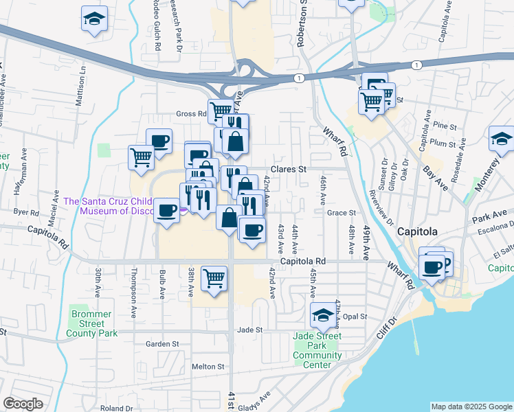 map of restaurants, bars, coffee shops, grocery stores, and more near 4159 Pearson Court in Capitola