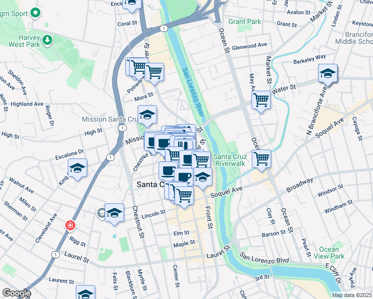 map of restaurants, bars, coffee shops, grocery stores, and more near 846 Front Street in Santa Cruz