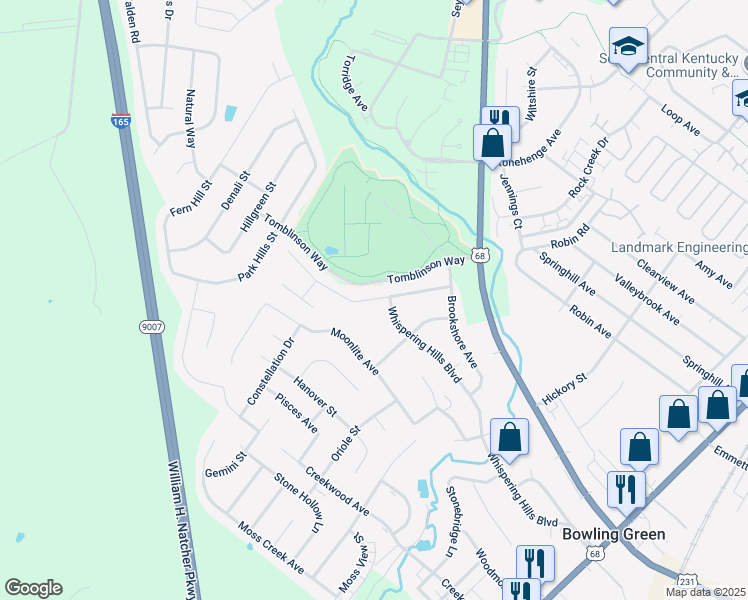 map of restaurants, bars, coffee shops, grocery stores, and more near 2412 Butterwood Way in Bowling Green