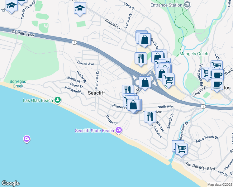 map of restaurants, bars, coffee shops, grocery stores, and more near 126 Sea Ridge Court in Aptos