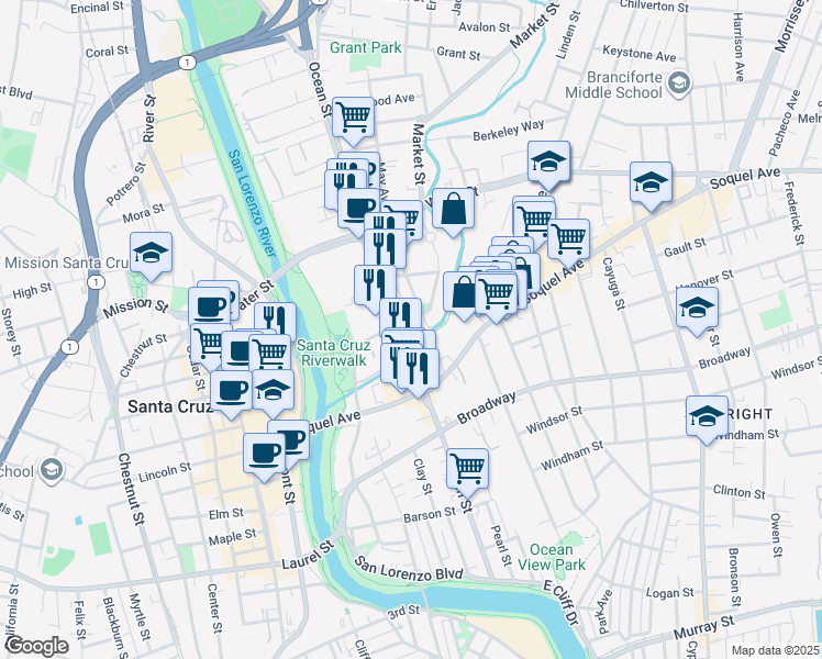 map of restaurants, bars, coffee shops, grocery stores, and more near 600 Ocean Street in Santa Cruz