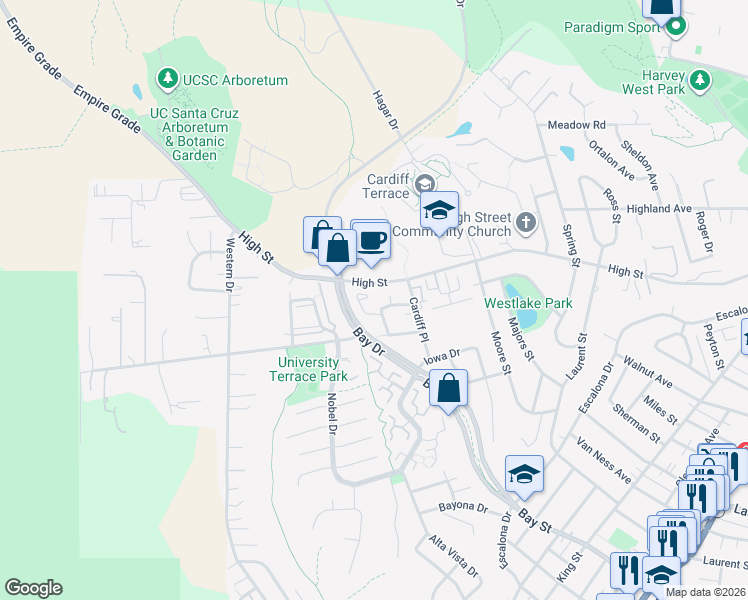 map of restaurants, bars, coffee shops, grocery stores, and more near 116 Westmoor Court in Santa Cruz