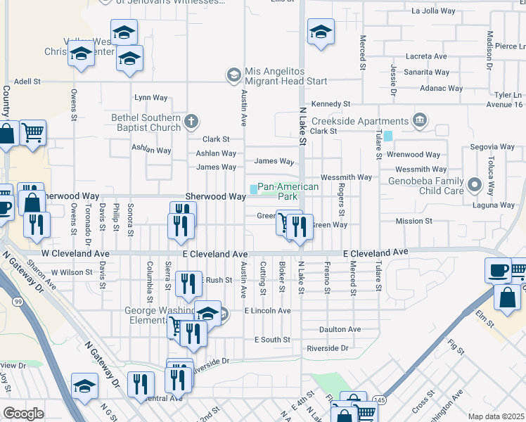 map of restaurants, bars, coffee shops, grocery stores, and more near 713 Green Way in Madera