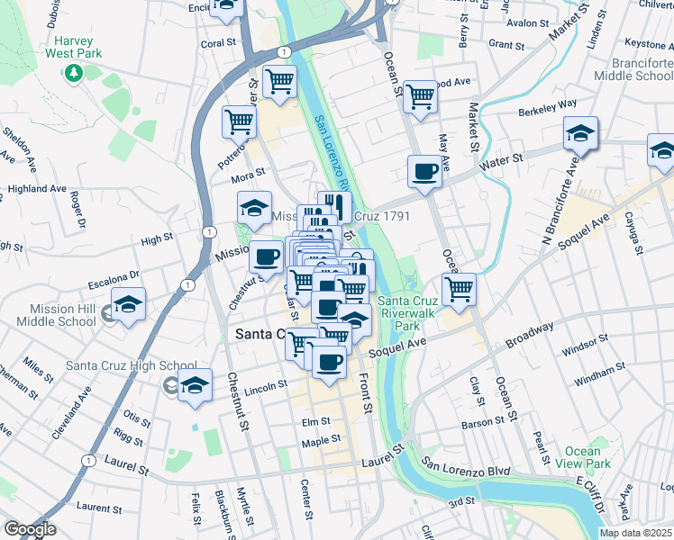 map of restaurants, bars, coffee shops, grocery stores, and more near 74 River Street South in Santa Cruz