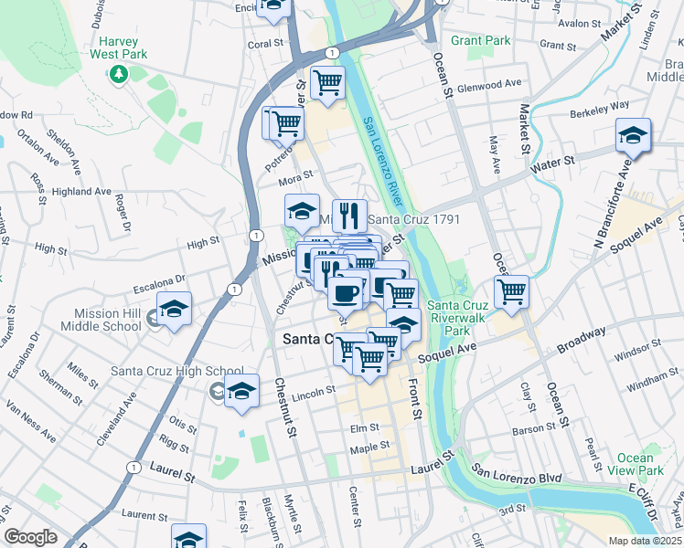 map of restaurants, bars, coffee shops, grocery stores, and more near 109 Mission Street in Santa Cruz