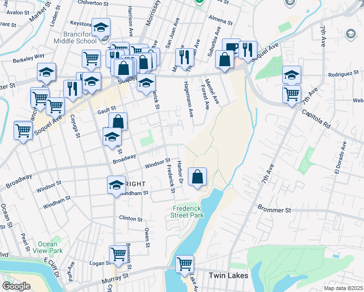 map of restaurants, bars, coffee shops, grocery stores, and more near 424 Harbor Drive in Santa Cruz