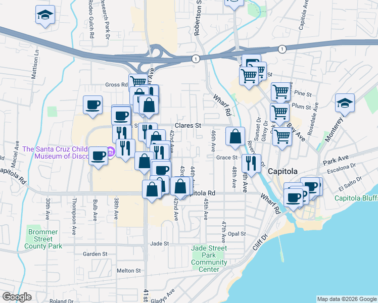 map of restaurants, bars, coffee shops, grocery stores, and more near 1901 Courtyard Drive in Capitola
